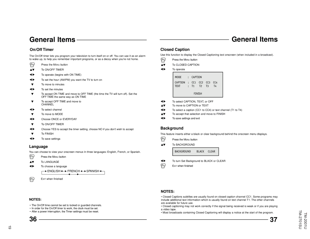 JVC TM-2001U operating instructions On/Off Timer, Language 