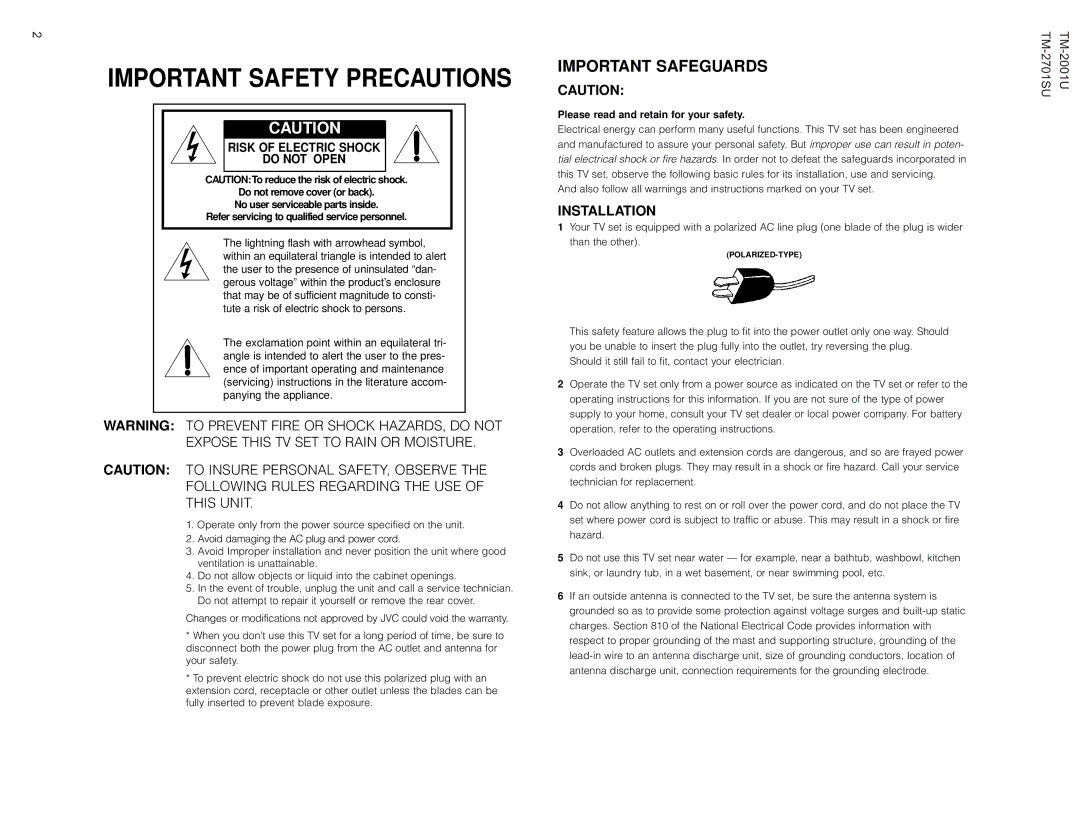 JVC TM-2001U operating instructions Important Safety Precautions 