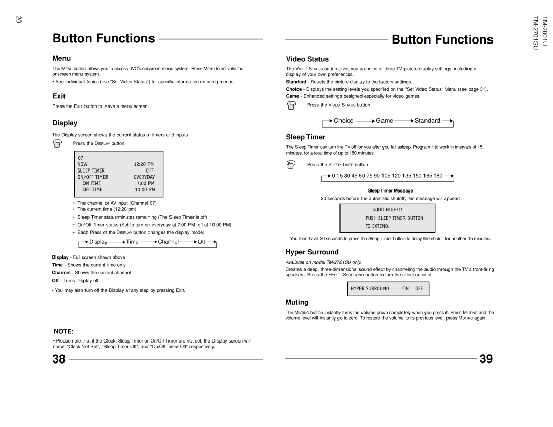 JVC TM-2001U operating instructions Button Functions 