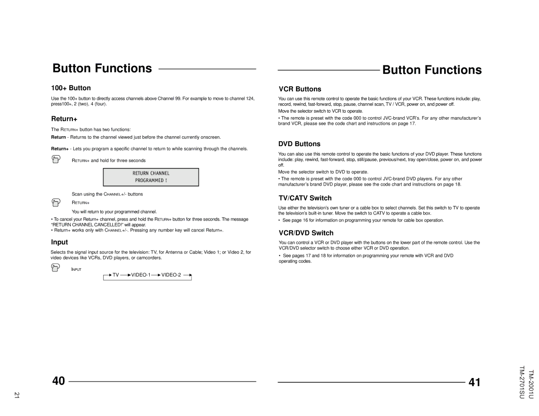 JVC TM-2001U operating instructions 100+ Button, Return+, Input, VCR Buttons, DVD Buttons, TV/CATV Switch, VCR/DVD Switch 