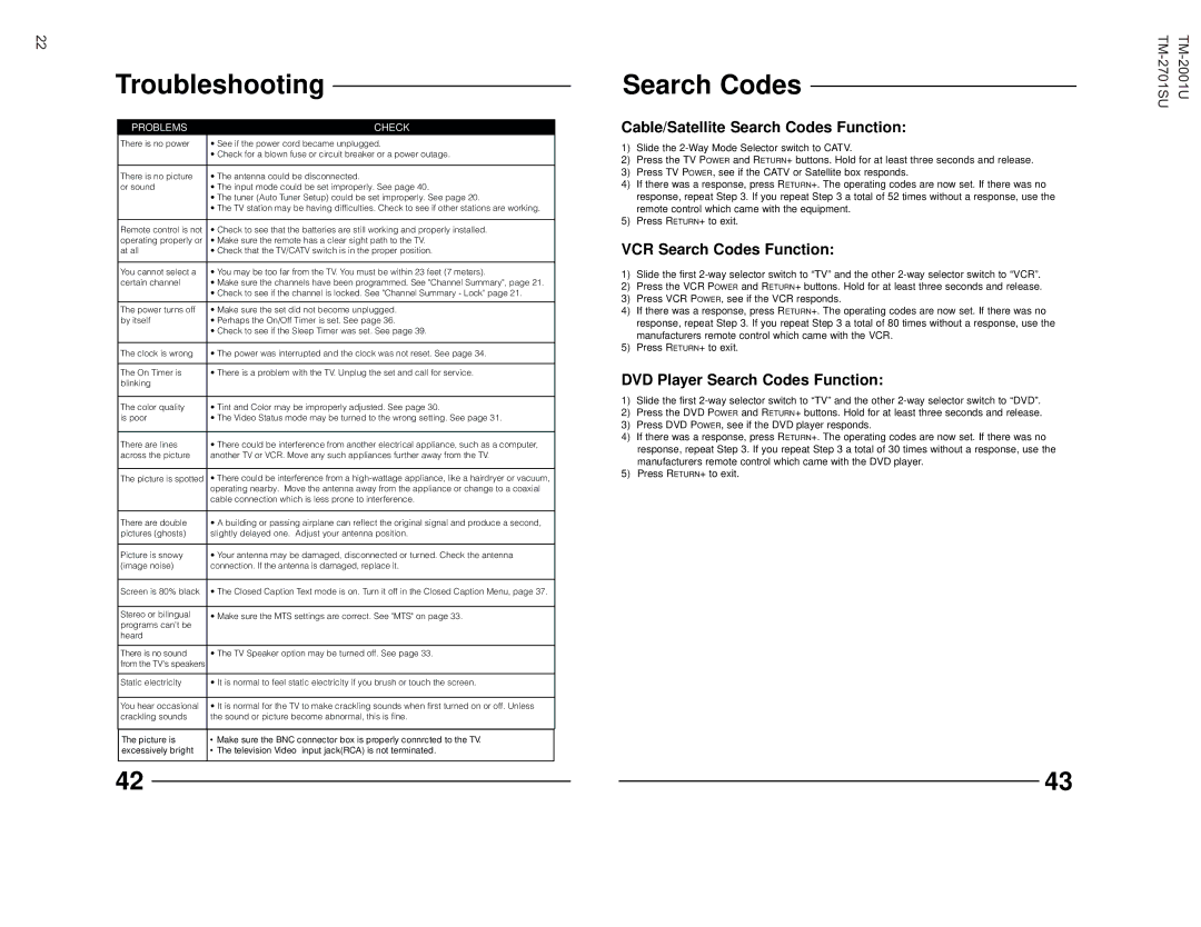 JVC TM-2001U operating instructions Troubleshooting, Cable/Satellite Search Codes Function, VCR Search Codes Function 