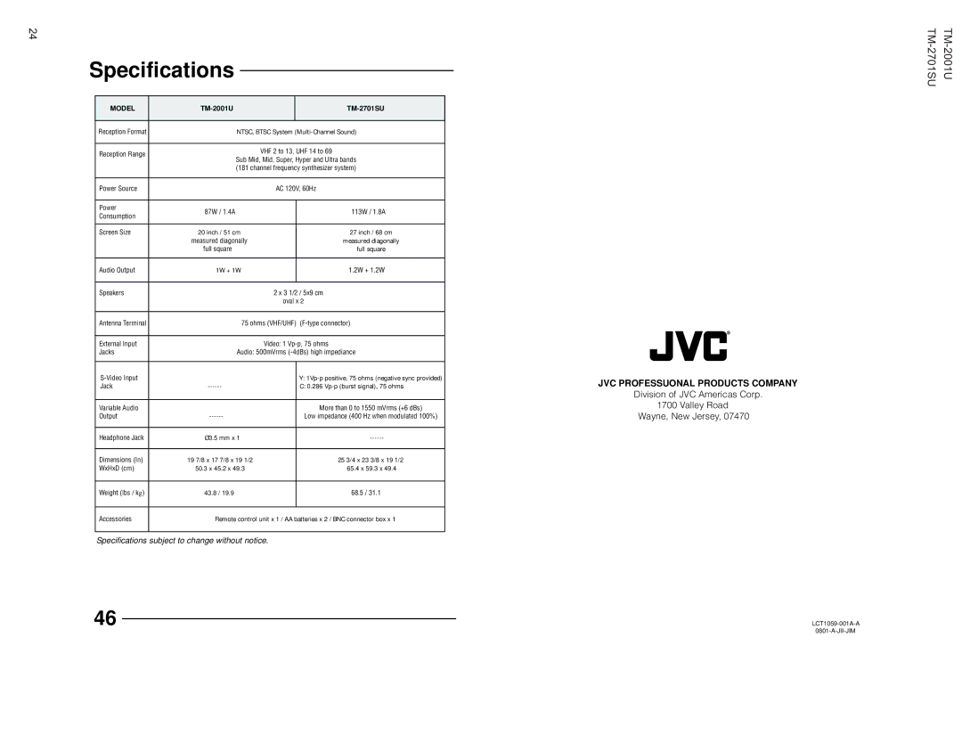 JVC TM-2001U operating instructions Specifications, Model 