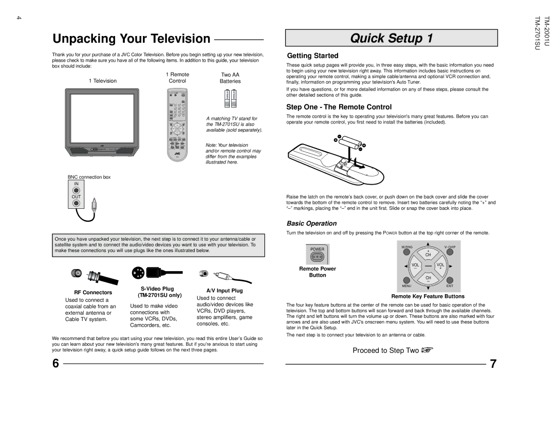 JVC TM-2001U operating instructions Getting Started, Step One The Remote Control 