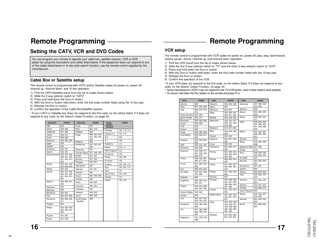 JVC TM-2001U operating instructions Remote Programming, Cable Box or Satellite setup, VCR setup 