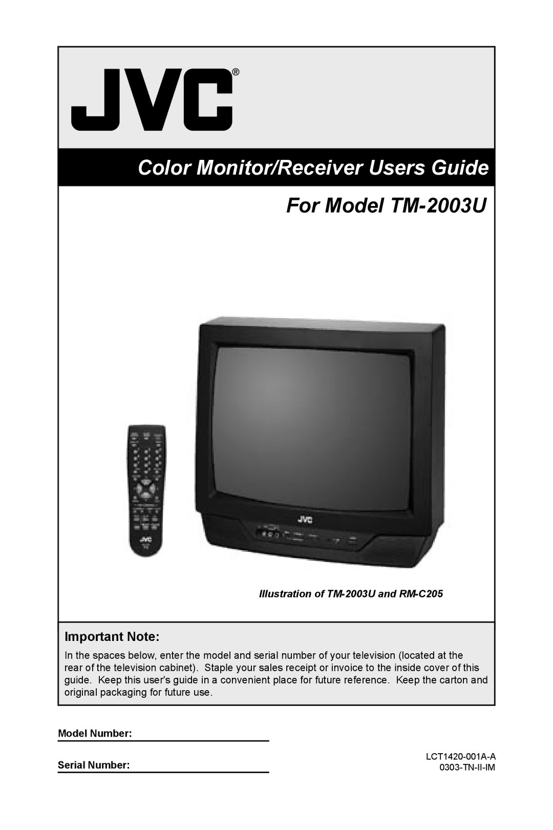 JVC TM-2003U manual Important Note, Model Number Serial Number 