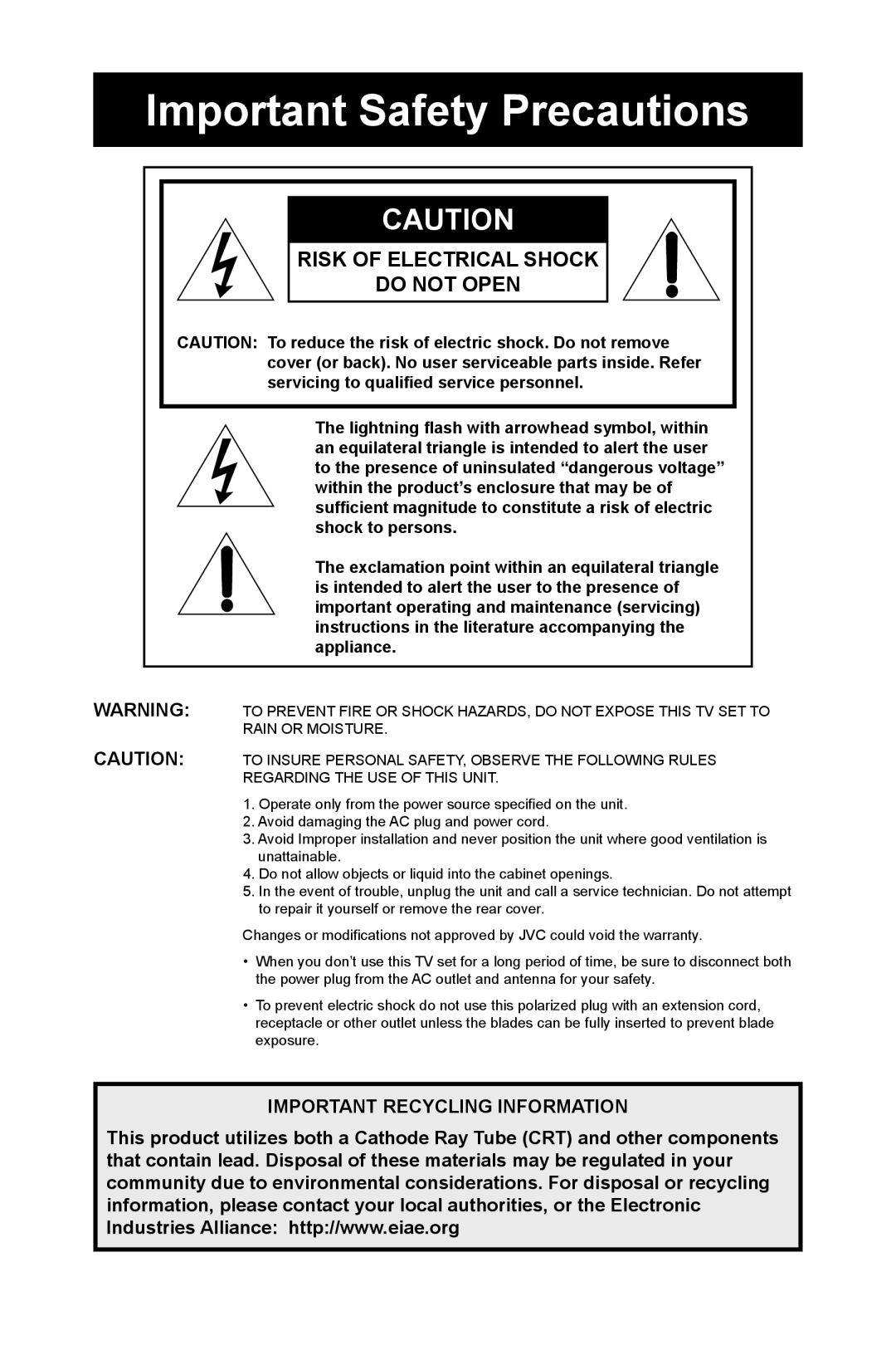 JVC TM-2003U manual Important Safety Precautions, Risk of Electrical Shock Do not Open 