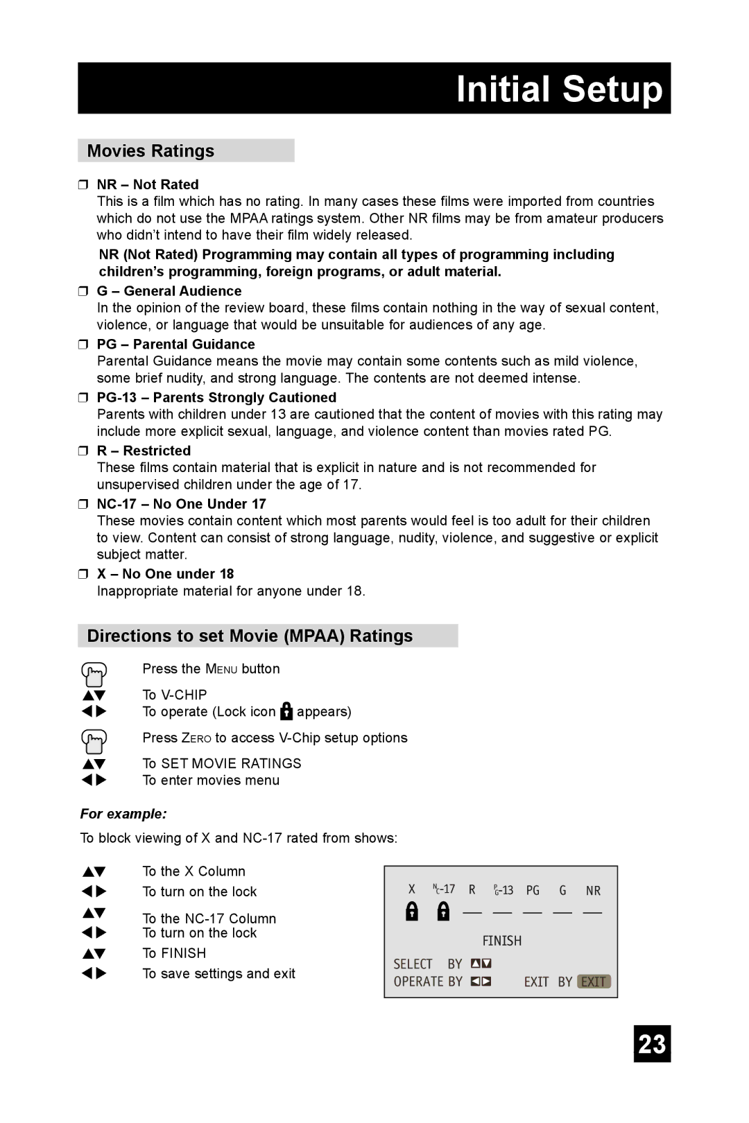 JVC TM-2003U manual Movies Ratings, Directions to set Movie Mpaa Ratings 