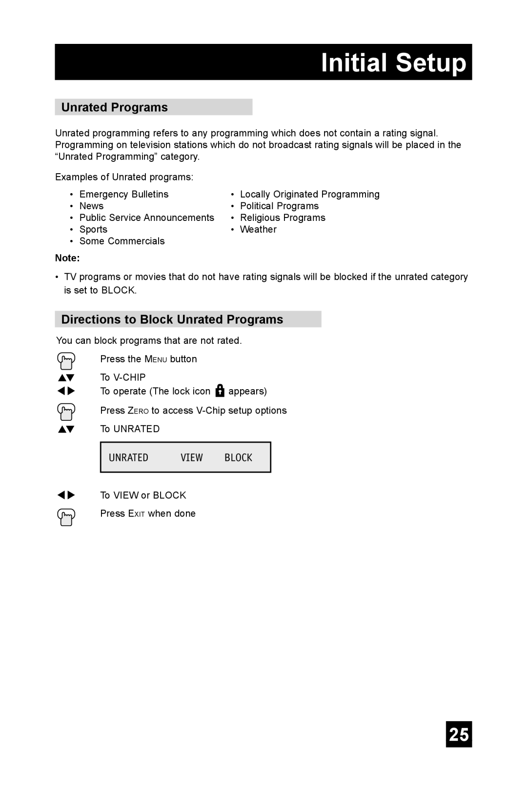 JVC TM-2003U manual Directions to Block Unrated Programs, Unrated View Block 