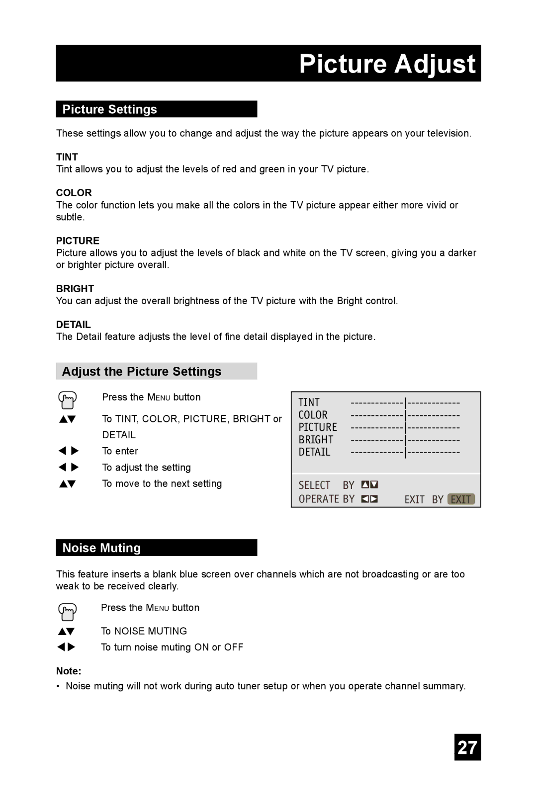 JVC TM-2003U manual Picture Adjust, Adjust the Picture Settings, Noise Muting 