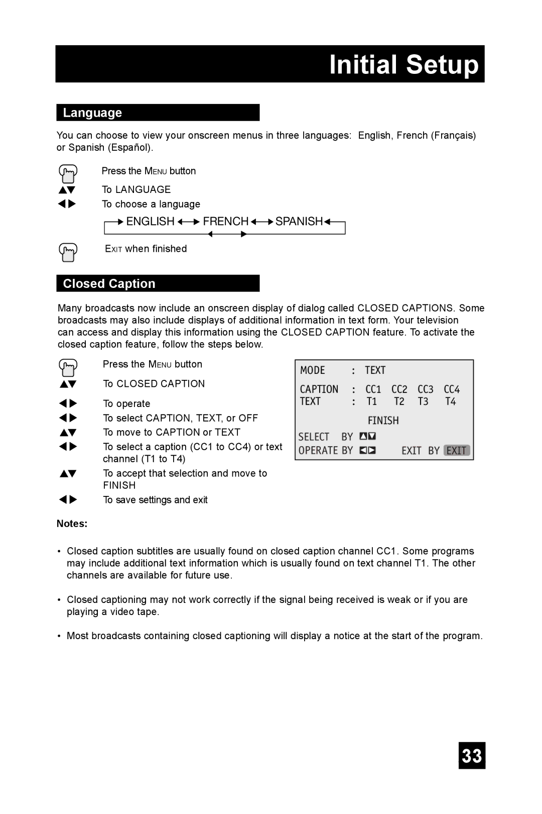 JVC TM-2003U manual Language, Closed Caption 