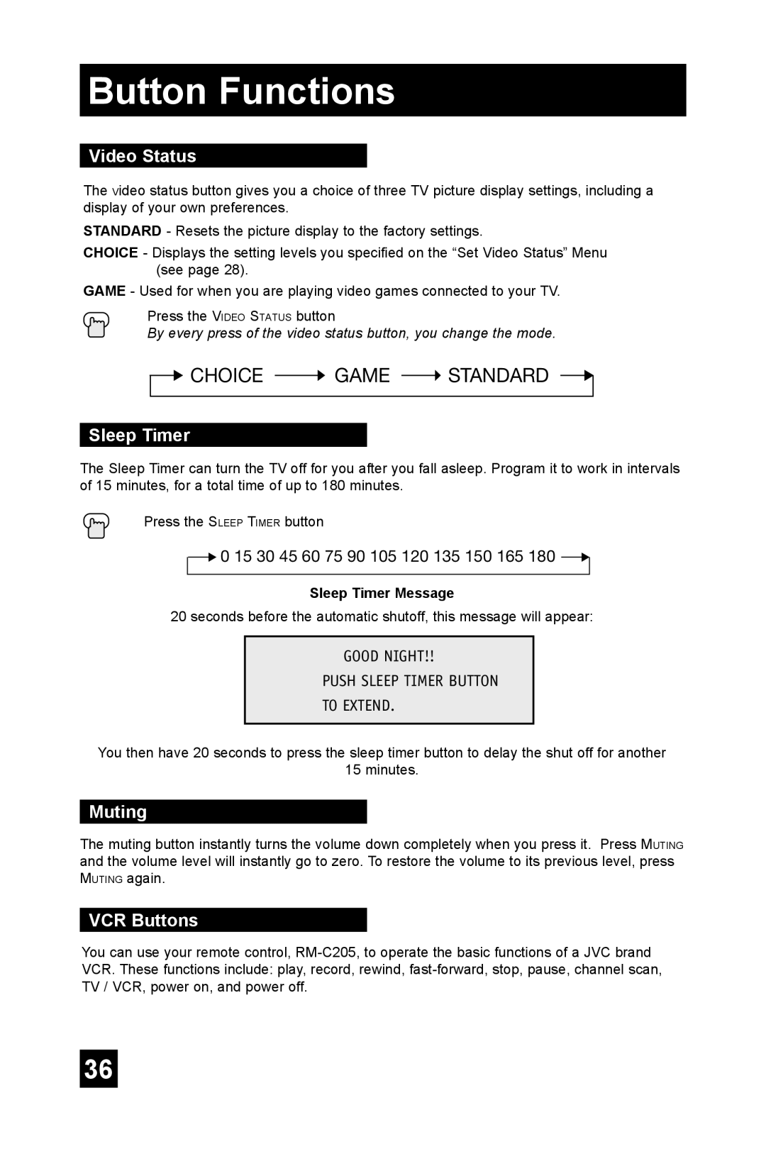 JVC TM-2003U manual Video Status, Muting, VCR Buttons, Good Night Push Sleep Timer Button To Extend 