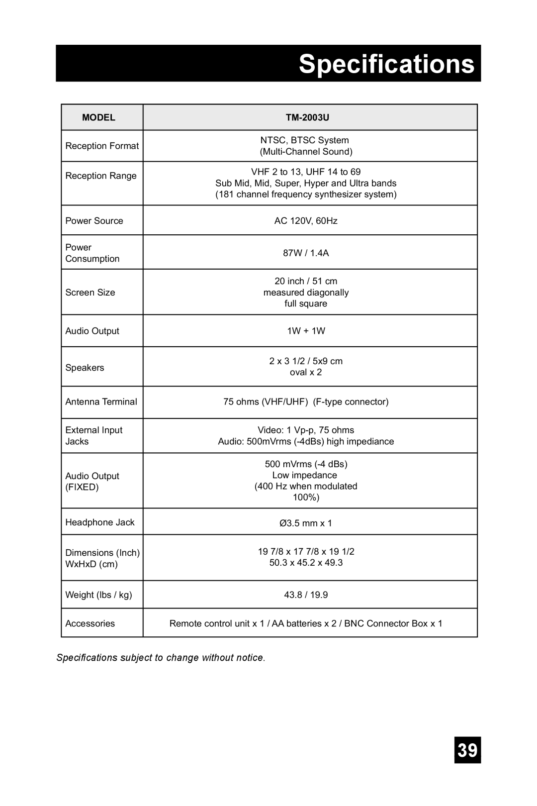 JVC TM-2003U manual Specifications 