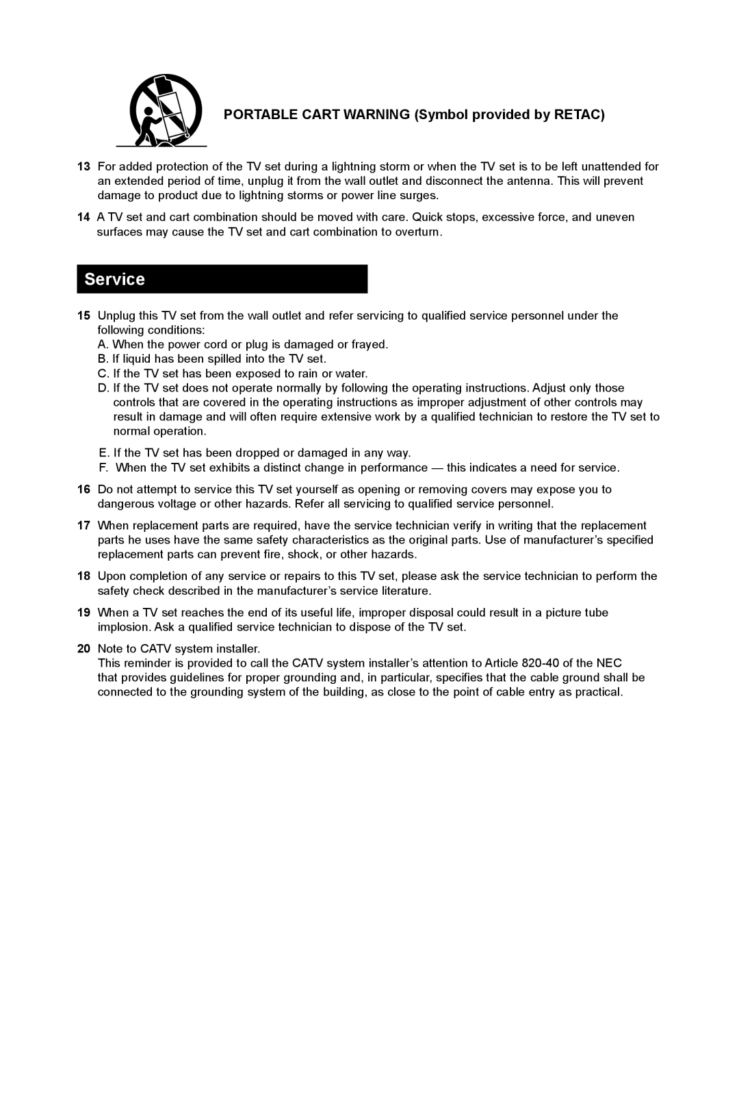 JVC TM-2003U manual Service, Portable Cart Warning Symbol provided by Retac 