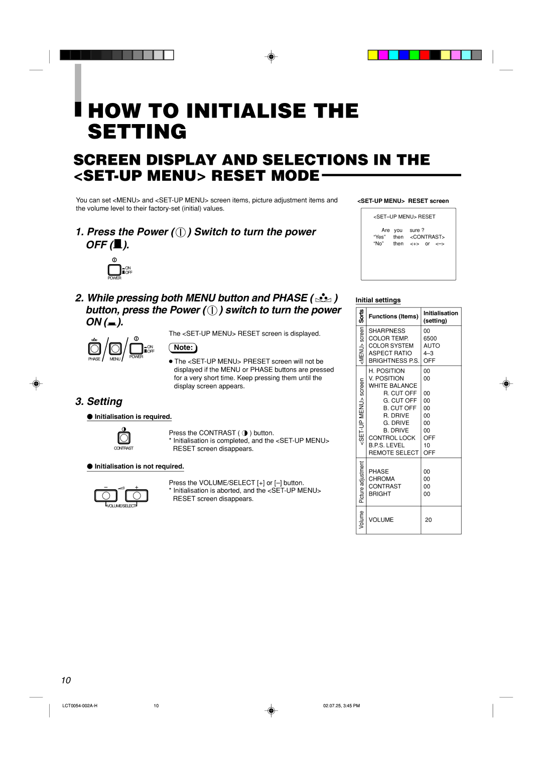 JVC TM-2100PN-K manual HOW to Initialise the Setting, Screen Display and Selections in the SET-UP Menu Reset Mode 