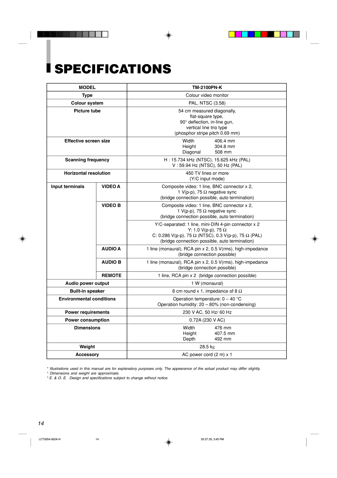 JVC TM-2100PN-K manual Specifications, Type, Power requirements, Weight 