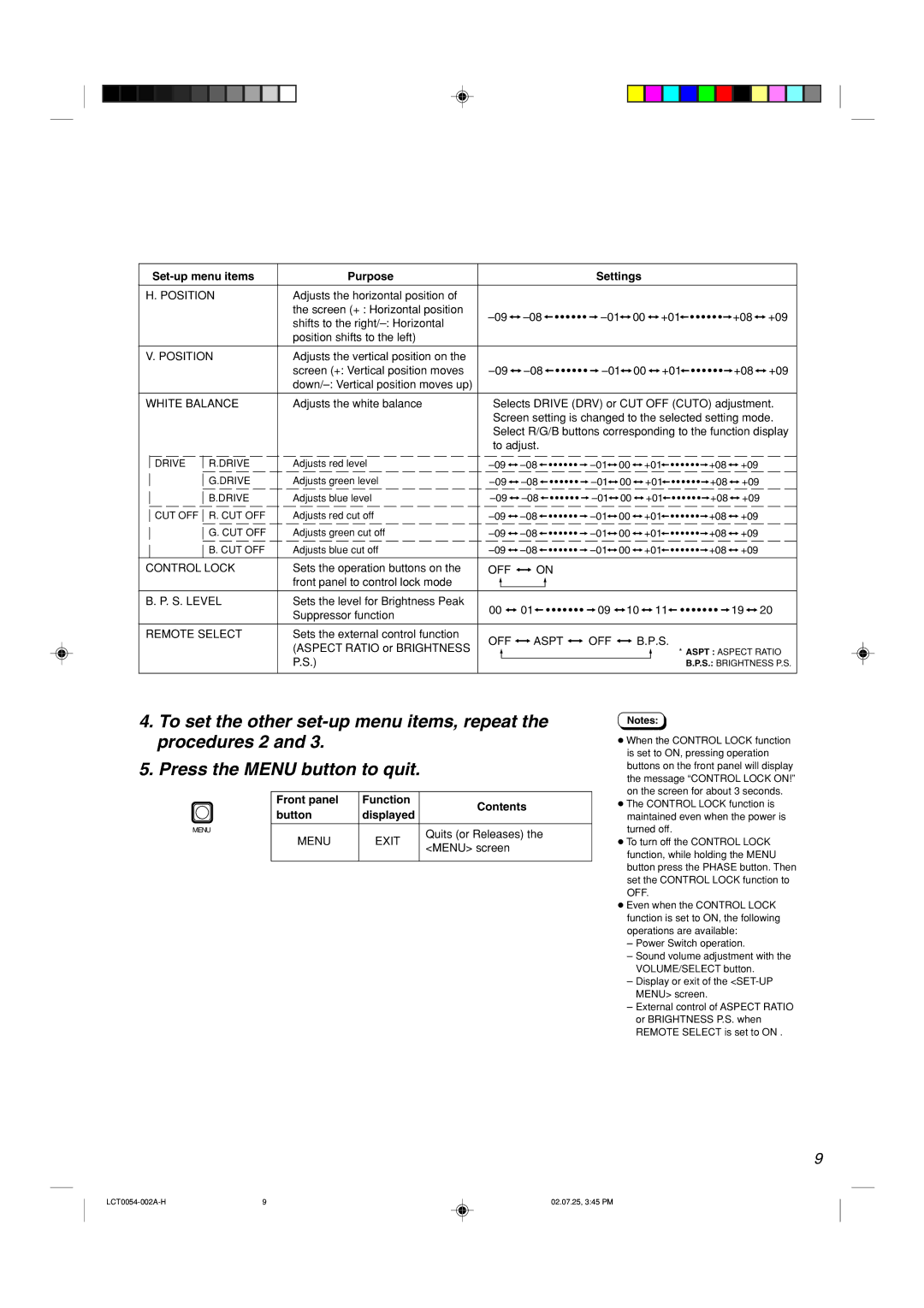 JVC TM-2100PN-K manual Set-up menu items Purpose Settings, Position, OFF Aspt 