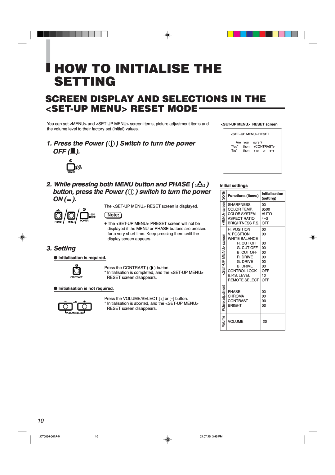 JVC TM-2100PN-K manual How To Initialise The Setting, Screen Display And Selections In The Set-Up Menu Reset Mode, setting 