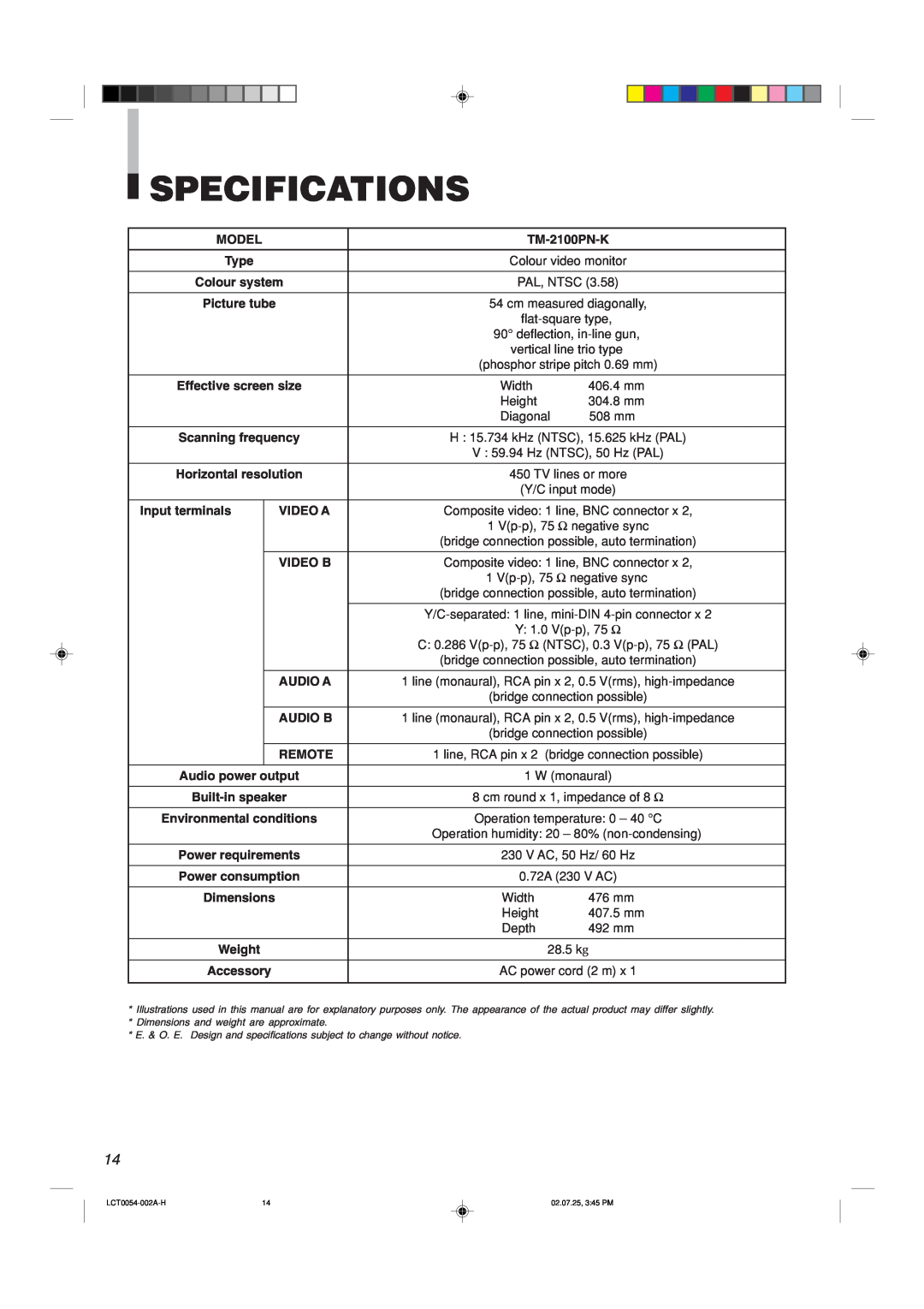 JVC TM-2100PN-K manual Specifications 