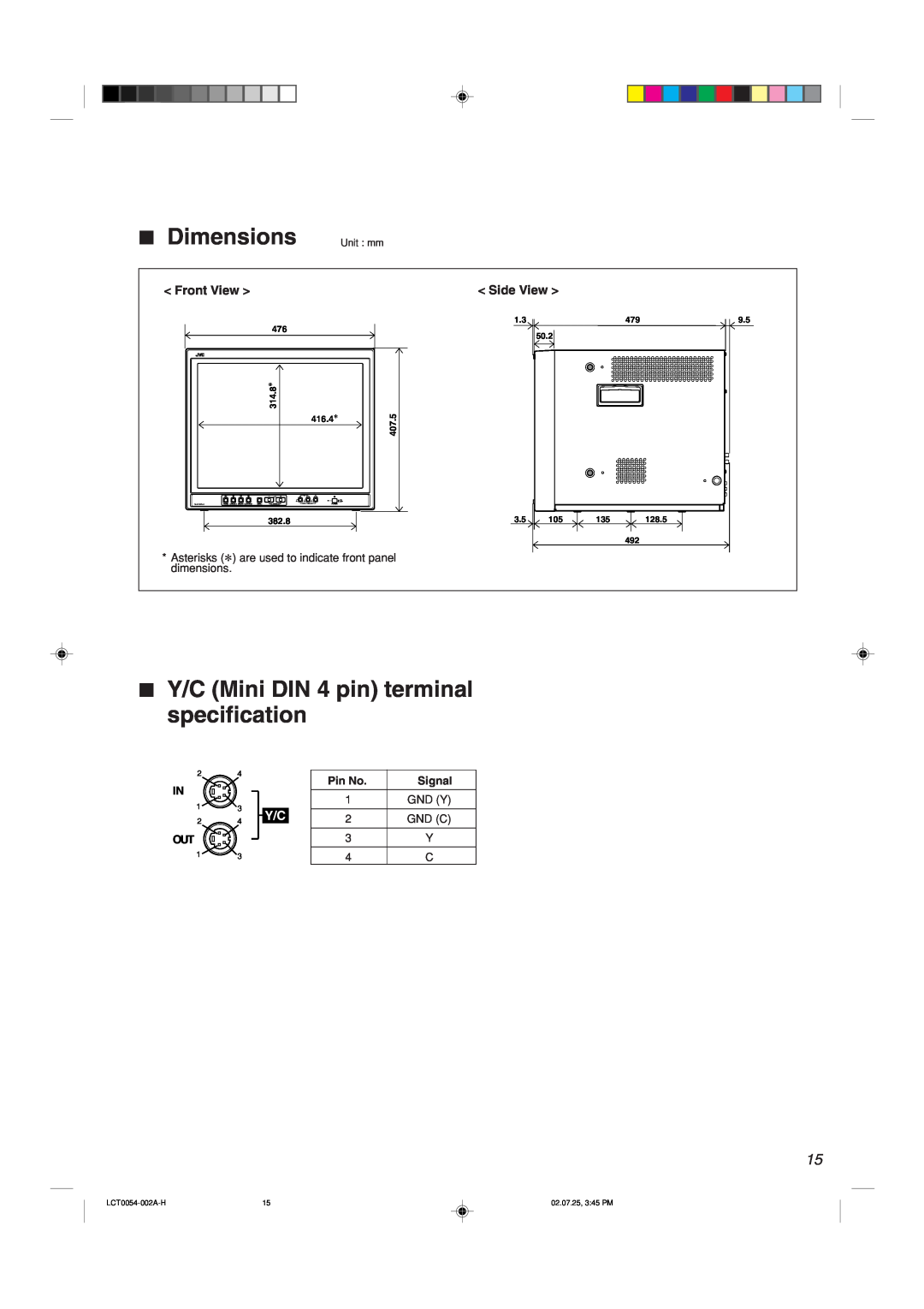 JVC TM-2100PN-K manual Dimensions, 7 Y/C Mini DIN 4 pin terminal specification, 50.2, 314.8, 407.5, 416.4, 382.8, 128.5 