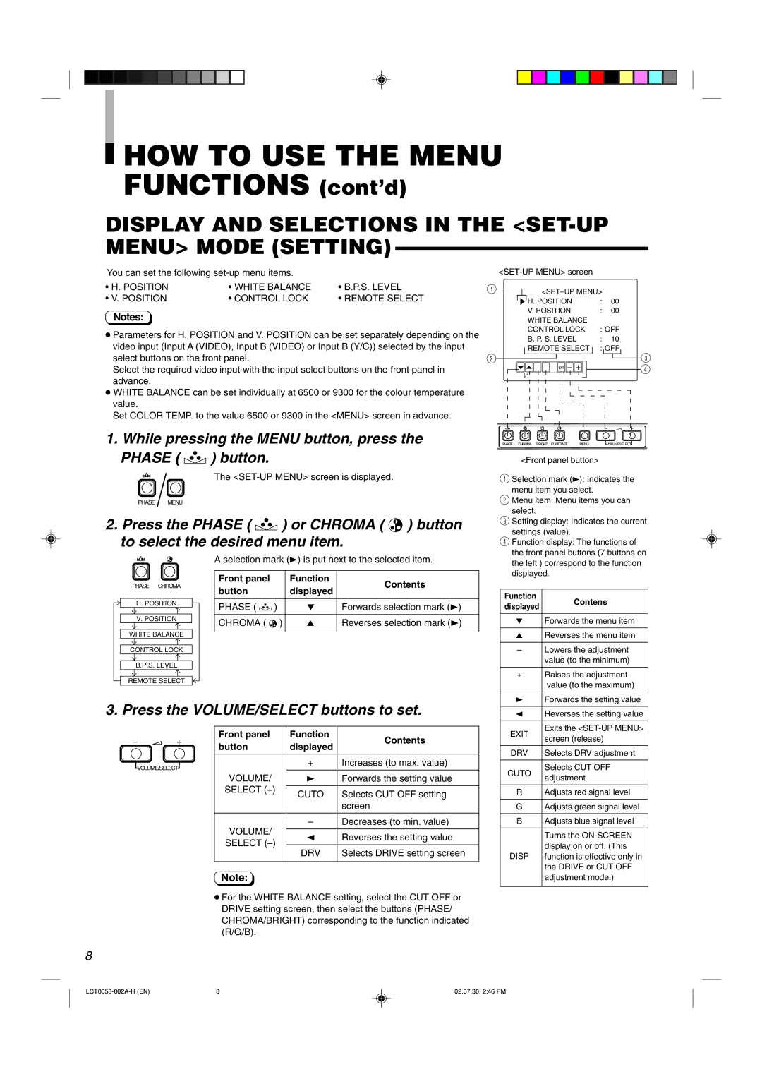 JVC TM-2100PN Display and Selections in the SET-UP Menu Mode Setting, While pressing the Menu button, press Phase button 