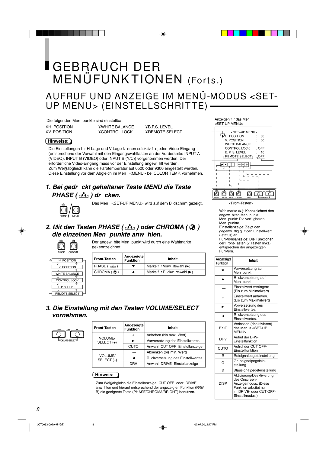 JVC TM-2100PN manual Bei gedrückt gehaltener Taste Menu die Taste Phase drücken, Die folgenden Menüpunkte sind einstellbar 