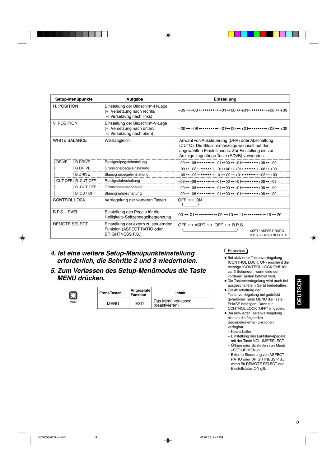 JVC TM-2100PN manual Zum Verlassen des Setup-Menümodus die Taste Menu drücken, Setup-Menüpunkte Aufgabe 