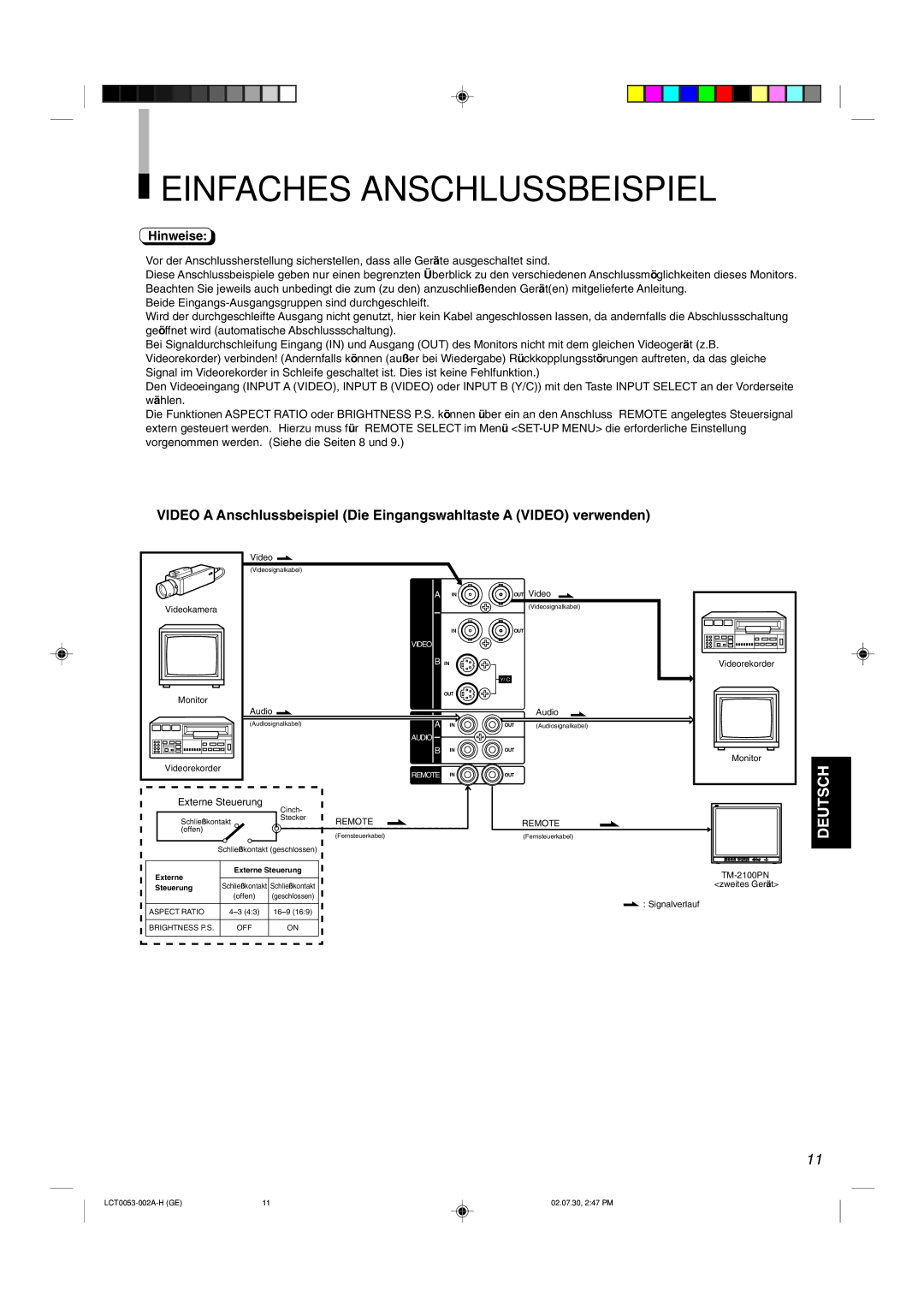 JVC TM-2100PN manual Einfaches Anschlussbeispiel, Externe Steuerung 