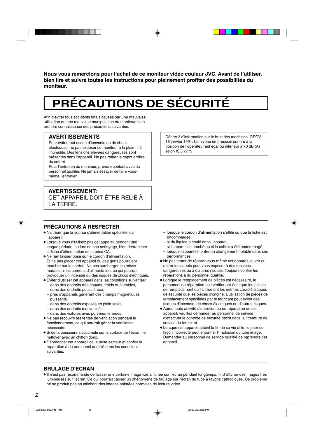 JVC TM-2100PN manual Précautions DE Sécurité, Avertissements 