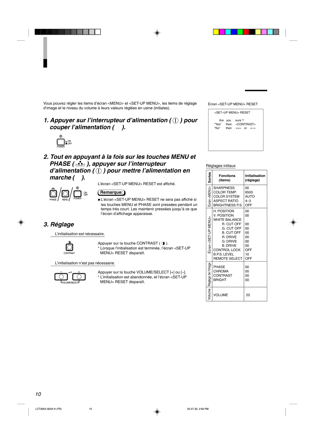 JVC TM-2100PN manual Pour Initialiser LE Réglage 