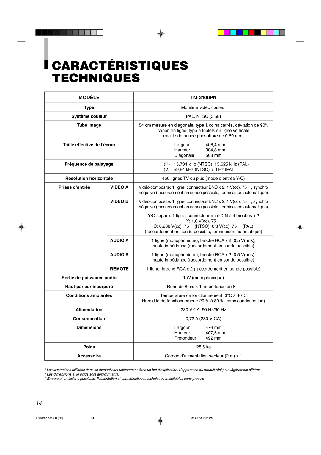 JVC TM-2100PN manual Caractéristiques Techniques 