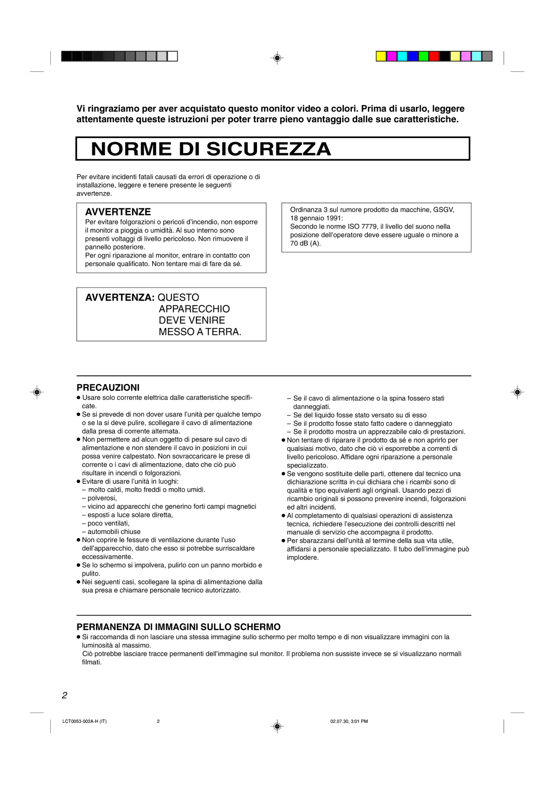 JVC TM-2100PN manual Norme DI Sicurezza, Avvertenze 