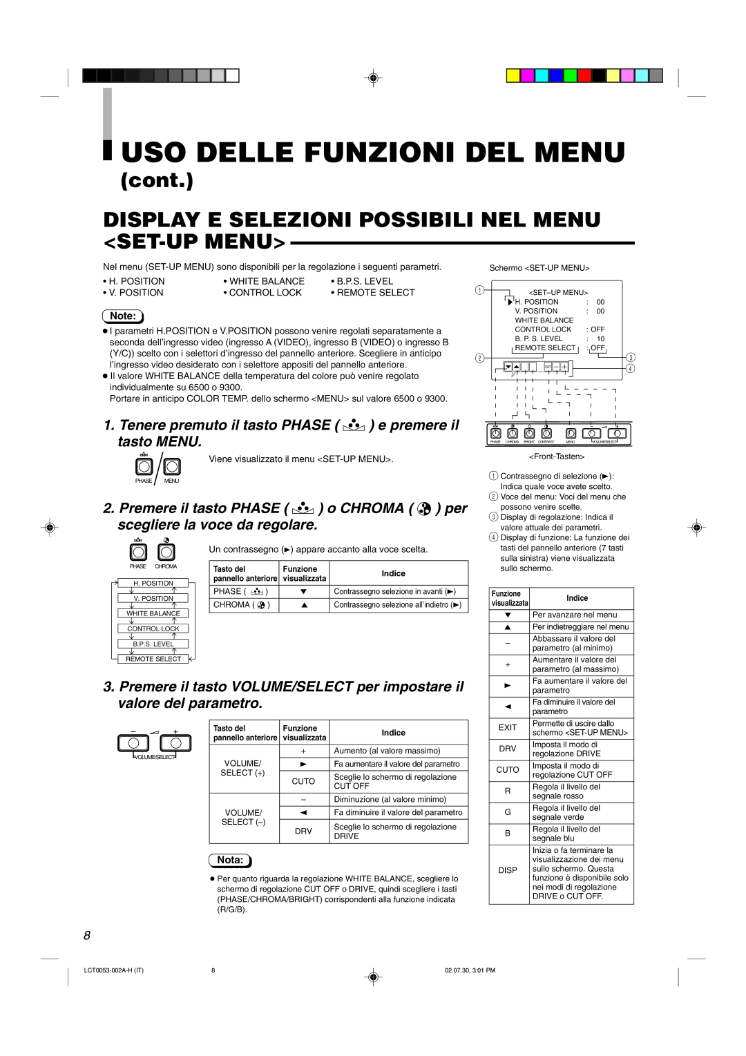 JVC TM-2100PN Display E Selezioni Possibili NEL Menu SET-UP Menu, Tenere premuto il tasto Phase e premere il tasto Menu 