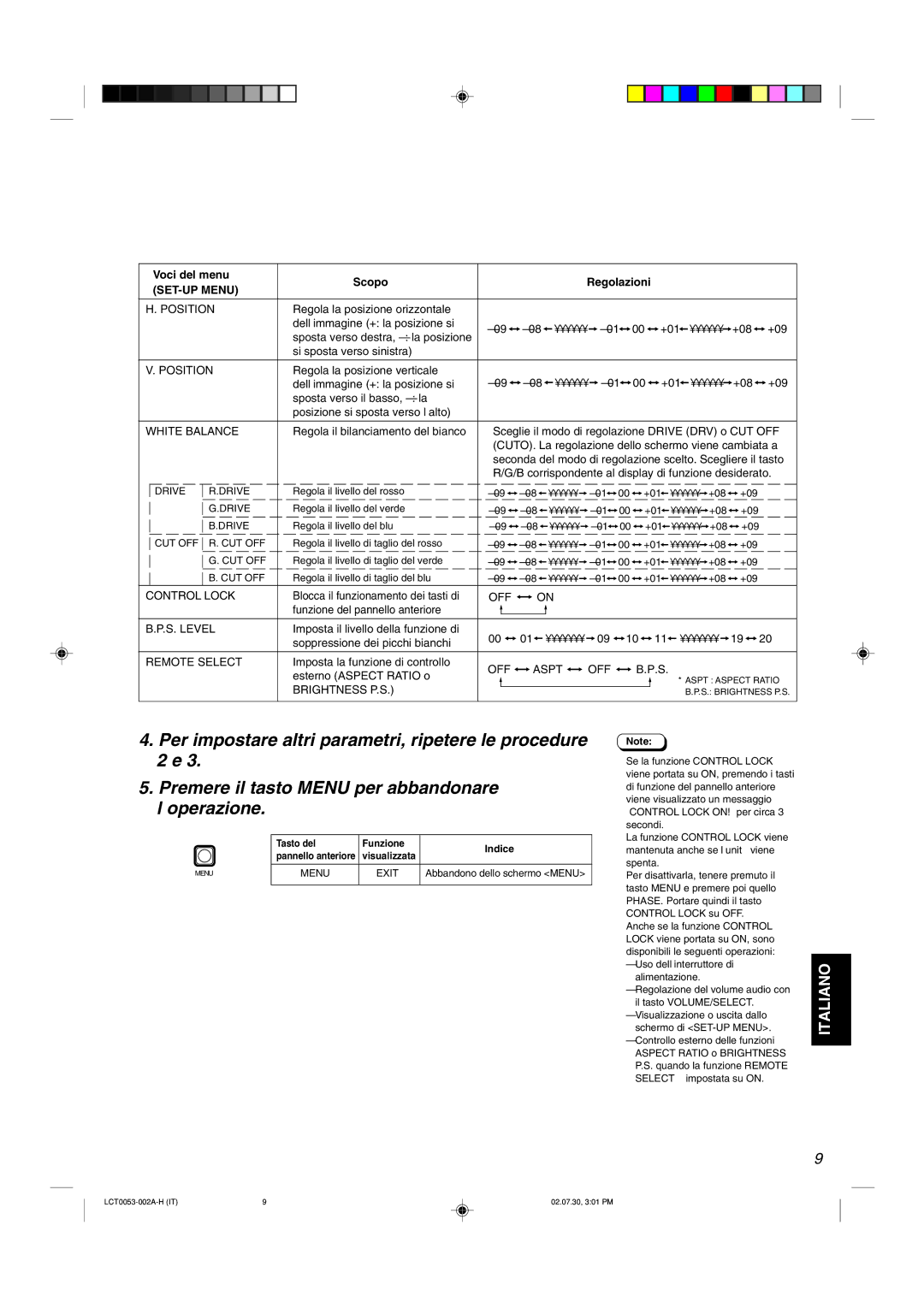 JVC TM-2100PN manual Voci del menu Scopo Regolazioni, Blocca il funzionamento dei tasti di, Funzione del pannello anteriore 