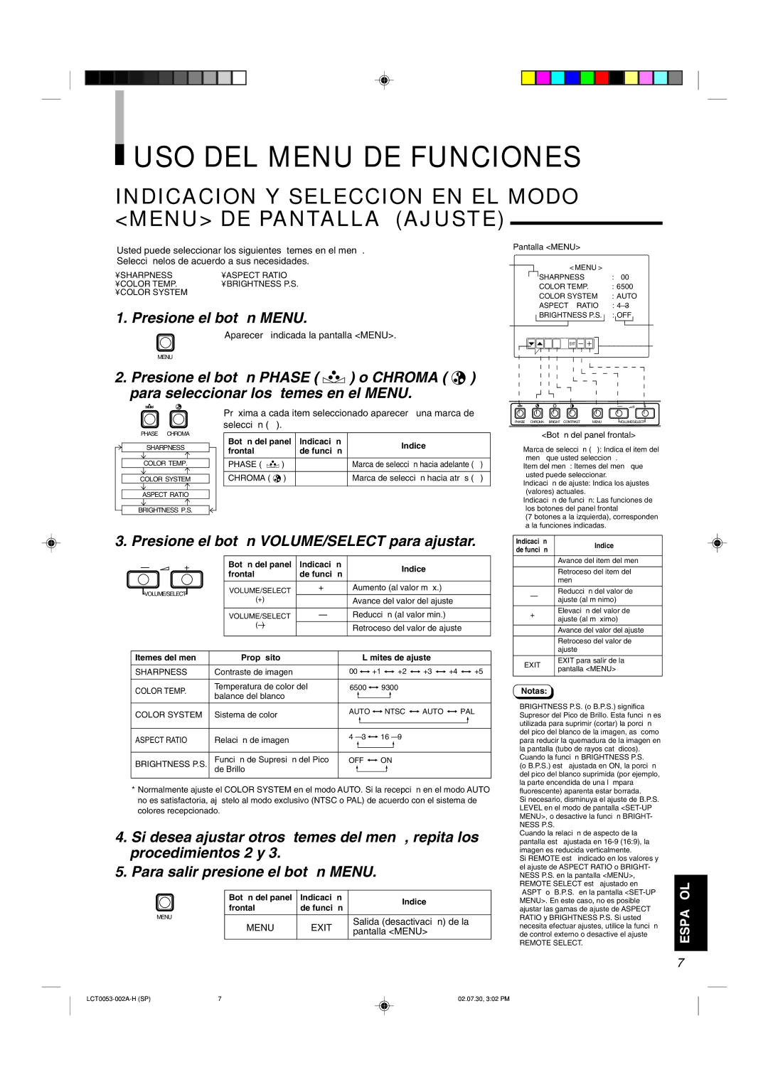 JVC TM-2100PN USO DEL Menu DE Funciones, Indicacion Y Seleccion EN EL Modo Menu DE Pantalla Ajuste, Presione el botón Menu 