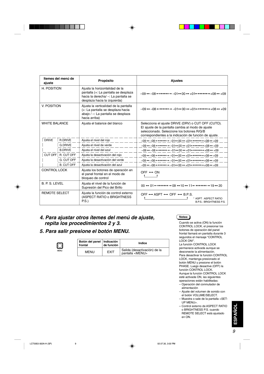 JVC TM-2100PN manual Itemes del menú de Propósito Ajustes 