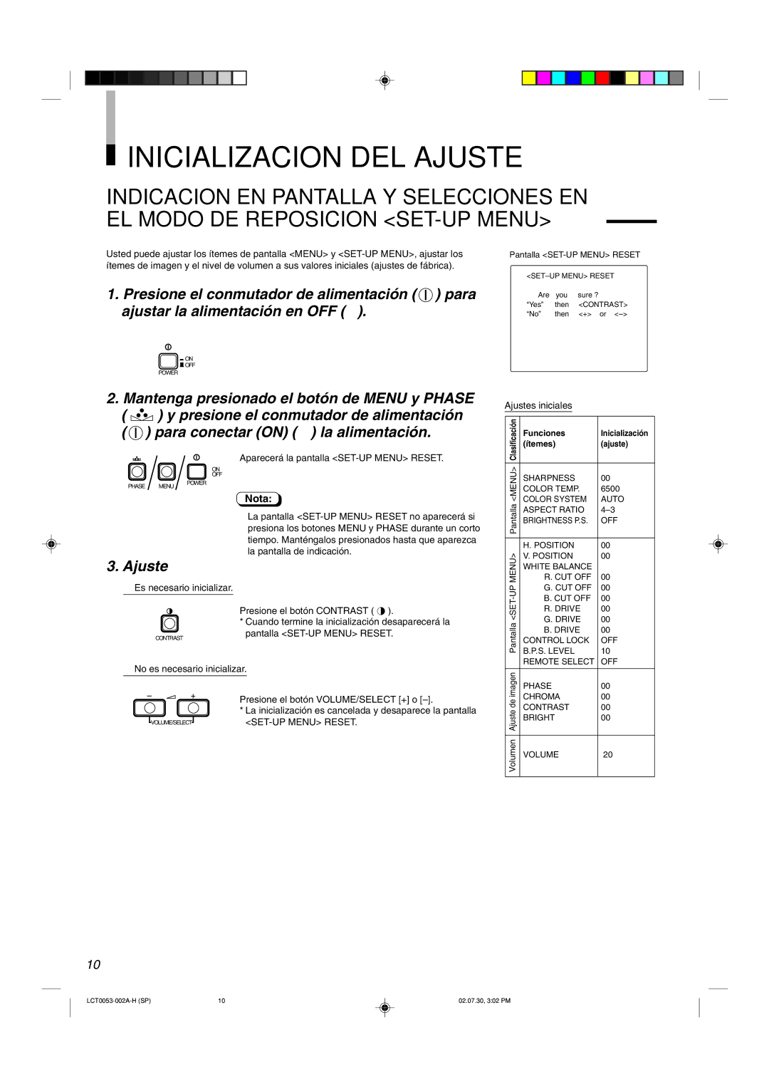 JVC TM-2100PN manual Inicializacion DEL Ajuste, Mantenga presionado el botón de Menu y Phase 