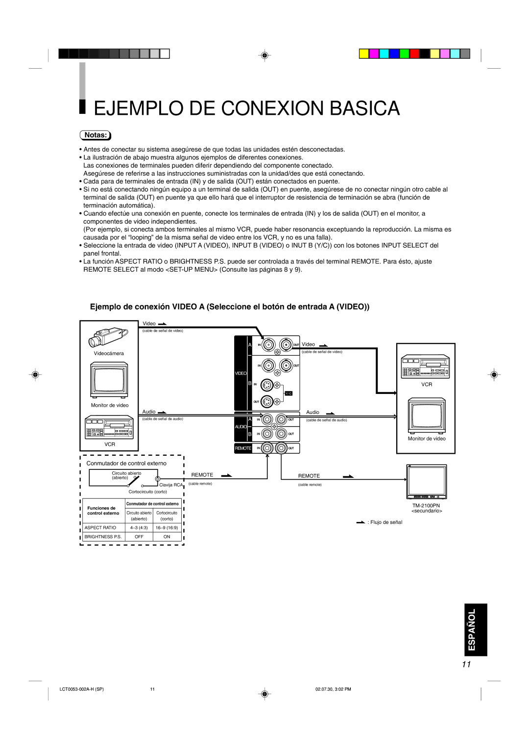 JVC TM-2100PN manual Ejemplo DE Conexion Basica, Conmutador de control externo 