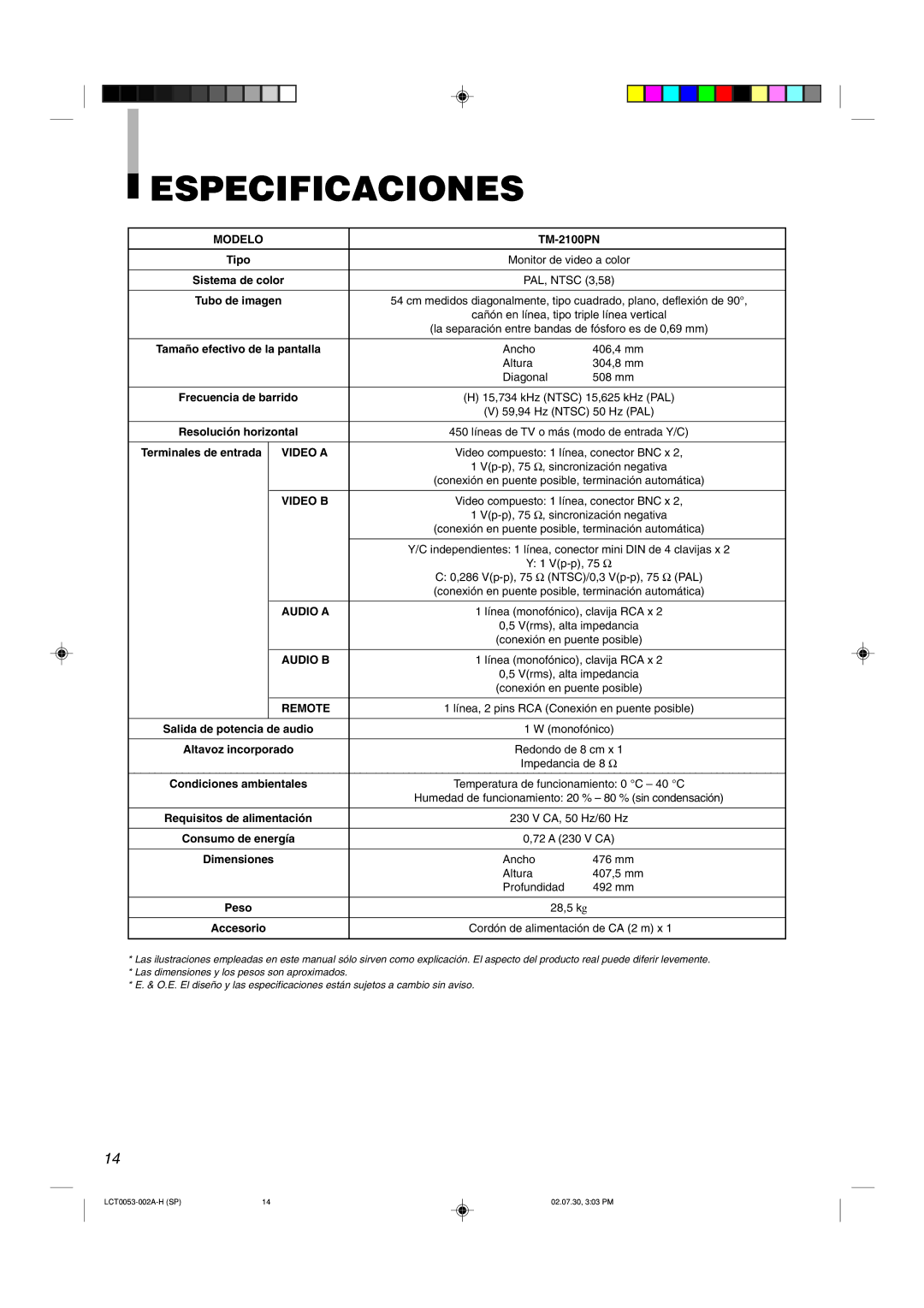 JVC TM-2100PN manual Especificaciones 