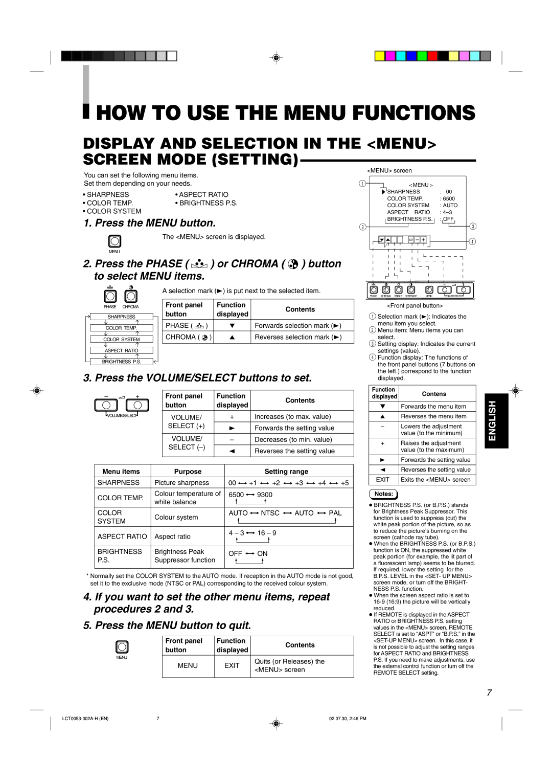 JVC TM-2100PN HOW to USE the Menu Functions, Display and Selection in the Menu Screen Mode Setting, Press the Menu button 