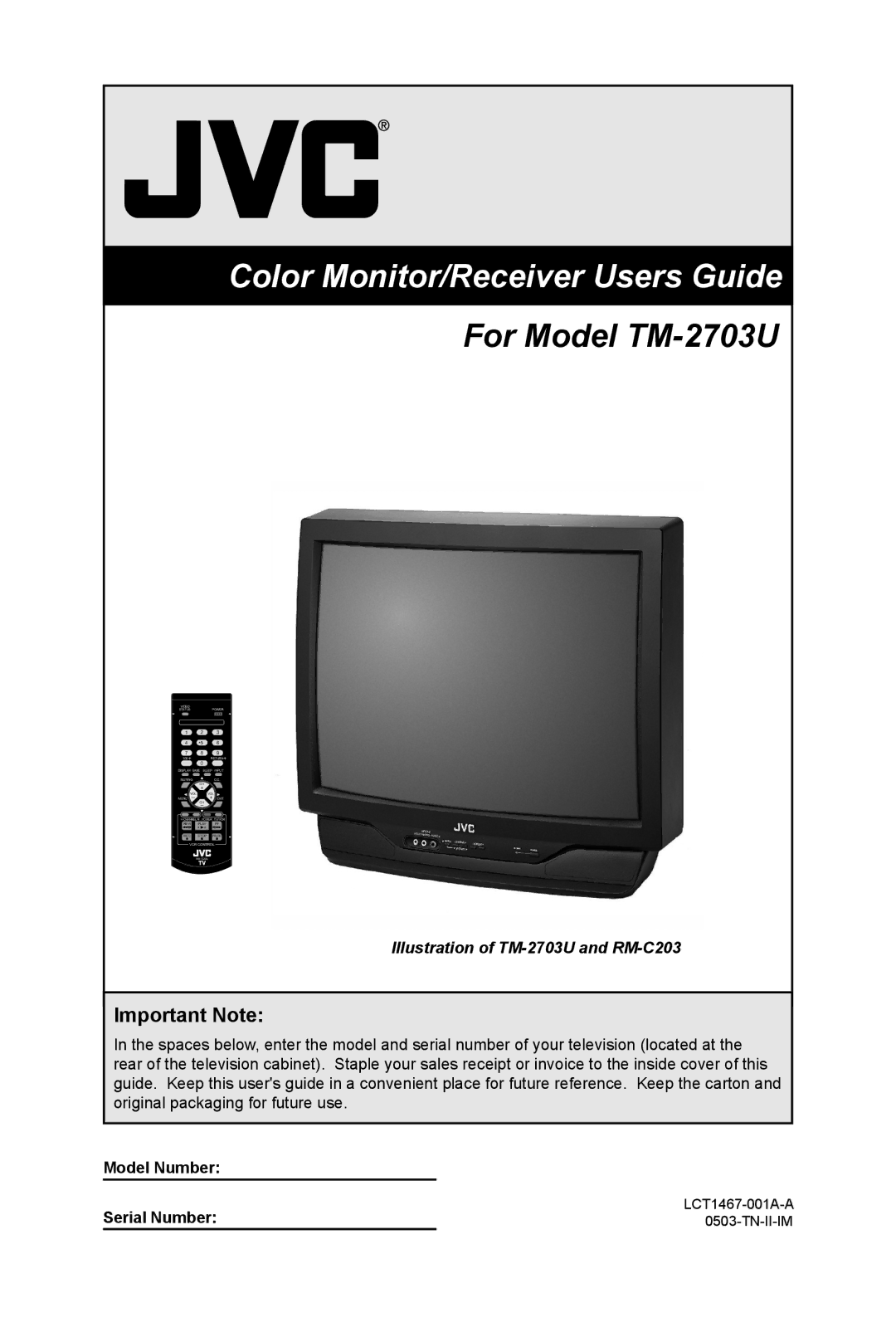 JVC TM-2703U manual Color Monitor/Receiver Users Guide, Important Note 