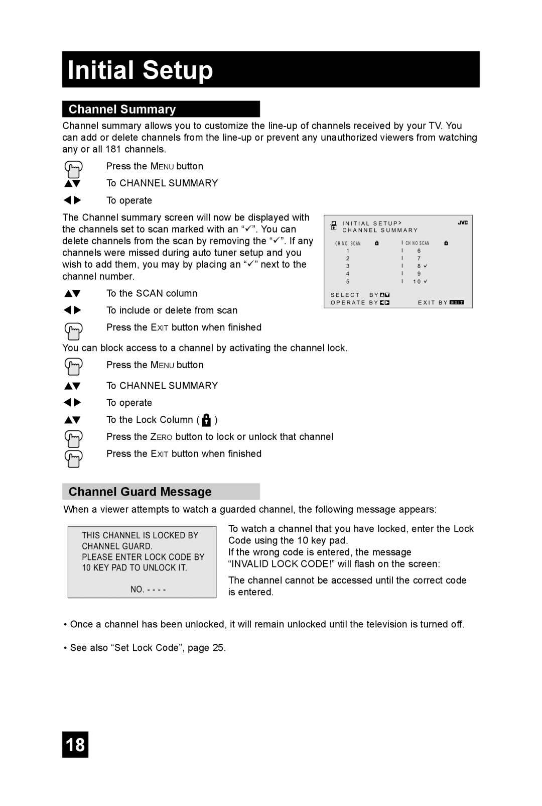 JVC TM-2703U manual Channel Summary, Channel Guard Message 