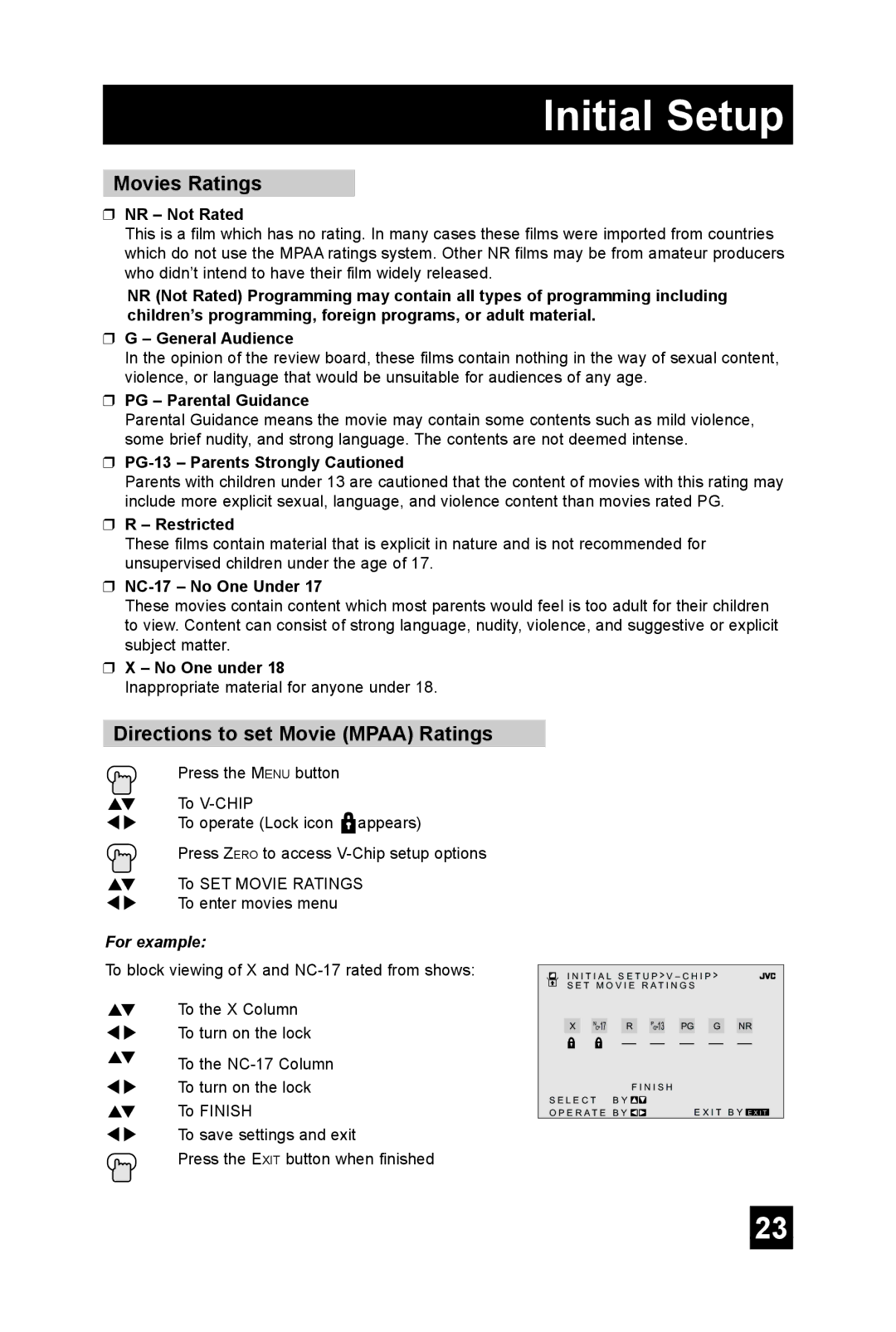 JVC TM-2703U manual Movies Ratings, Directions to set Movie Mpaa Ratings 