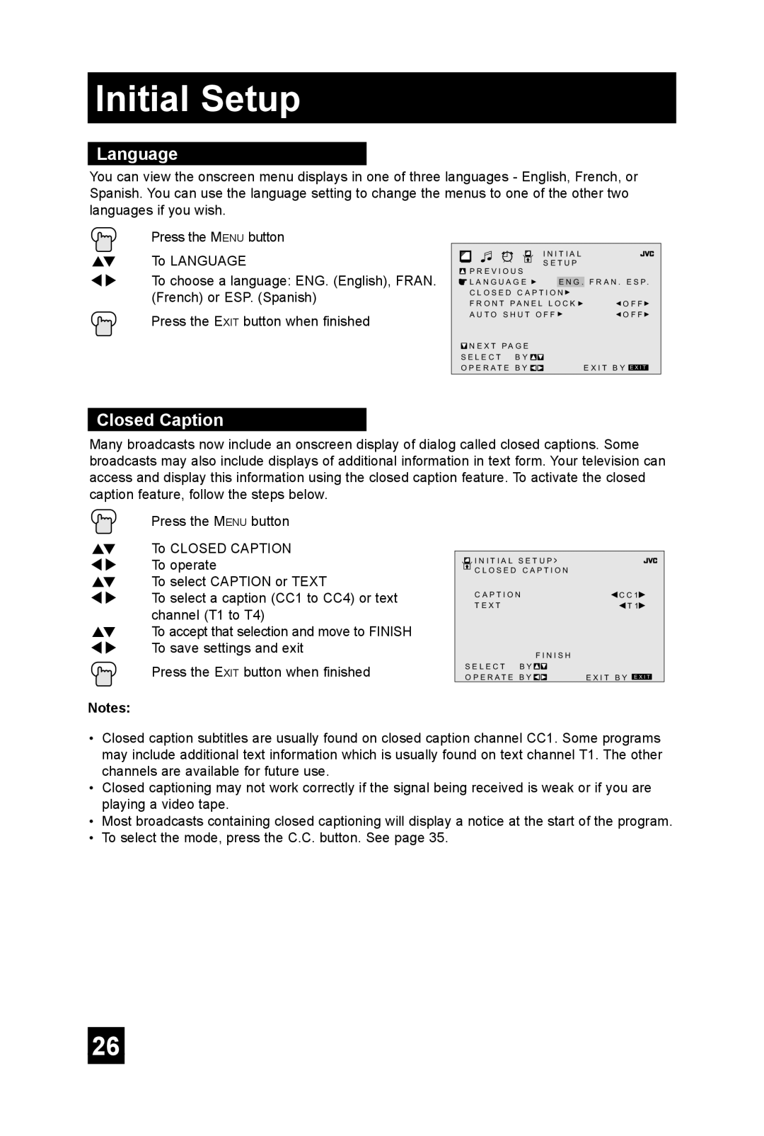 JVC TM-2703U manual Language, Closed Caption 