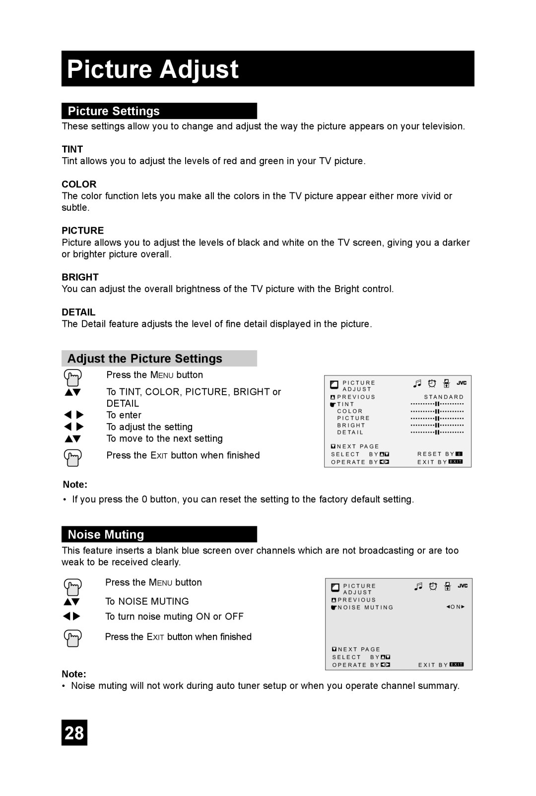 JVC TM-2703U manual Picture Adjust, Adjust the Picture Settings, Noise Muting 