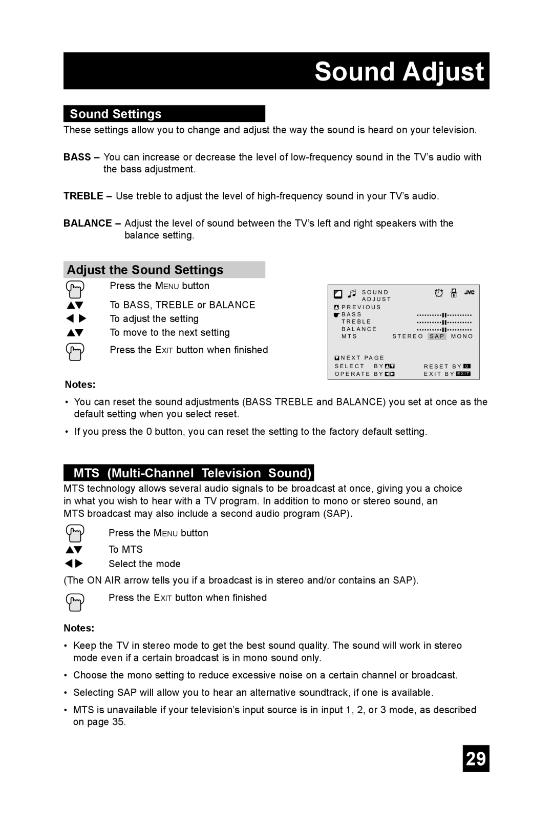 JVC TM-2703U manual Sound Adjust, Adjust the Sound Settings, MTS Multi-Channel Television Sound 