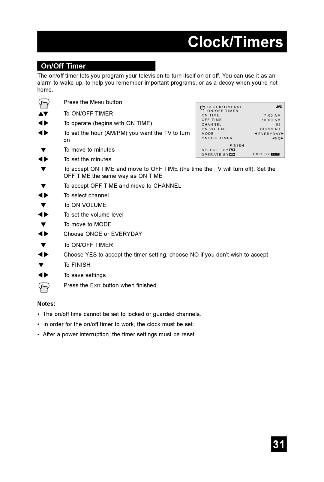 JVC TM-2703U manual On/Off Timer 