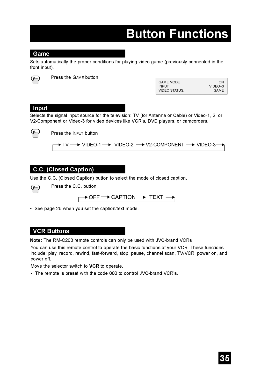 JVC TM-2703U manual Game, Input, VCR Buttons 