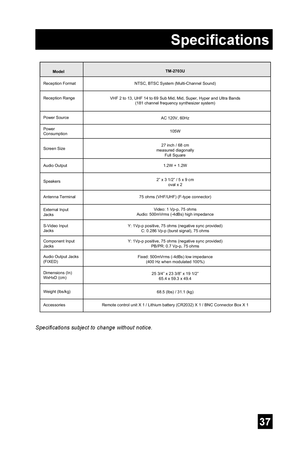 JVC TM-2703U manual Specifications 