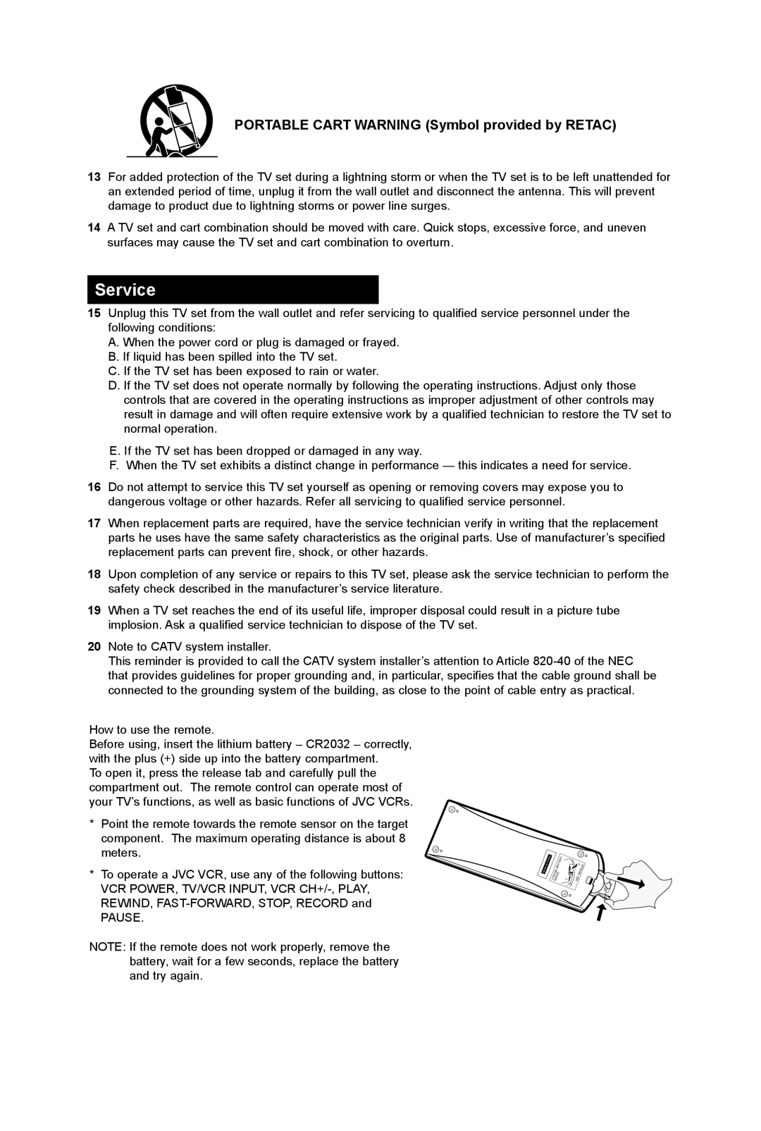 JVC TM-2703U manual Service, Portable Cart Warning Symbol provided by Retac 