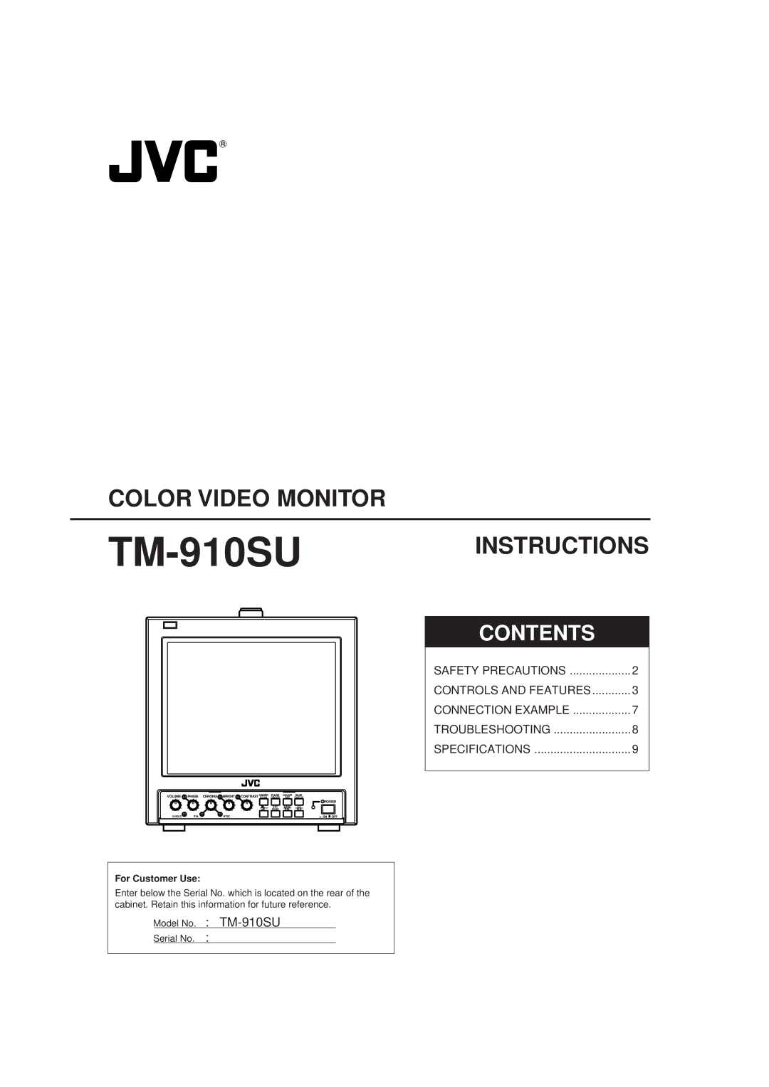 JVC specifications Color Video Monitor TM-910SUINSTRUCTIONS 